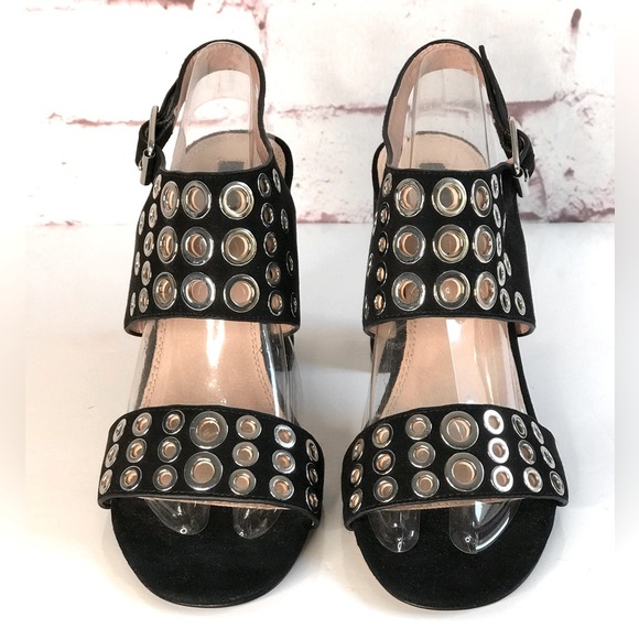 TOPSHOP Black Suede Silver Grommet Block Heel Ankle Strap Slingback Heel NWT 9.5 - Picture 9 of 16